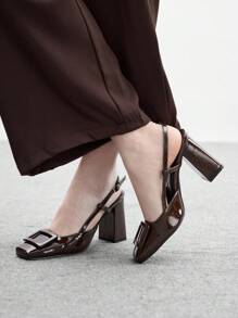 CUCCOO BIZCHIC Women's Square Toe Chunky Heel Brown PU Leather Pumps, Fashionable Minimalist Comfortable For Daily Wear And Occasions For Christmas - Brown - View 3