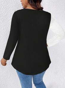 EMERY ROSE Plus Size Black & White Cat Print V-Neck Long Sleeve T-Shirt Fall Cloth For Women - Multicolor - View 2