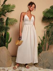 Travachic 女式纯色编织V领细肩带露背连衣裙 - 杏色 - 查看 3