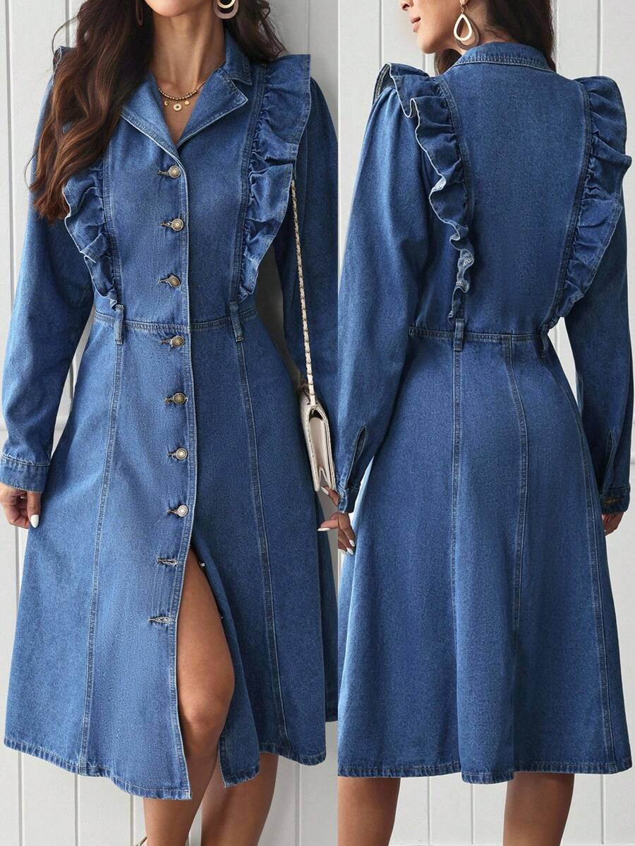 EMERY ROSE Vestido de mezclilla casual de mujer con cuello de solapa, manga larga y ribete de volantes, de abotonadura sencilla - Azul - Ver 1