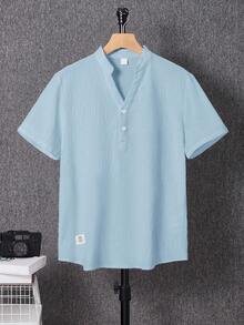 SHEIN Boys Blue Regular Sleeve Plain Polyester Shirt Button Front Stand Collar Regular Length Casual Top, Teen Boy - Blue - View 2