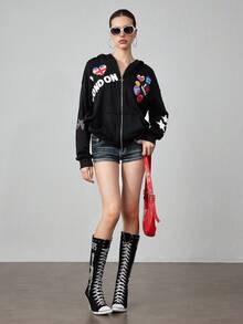 ROMWE Avant Y2K 街头服饰休闲美国国旗贴片印花连帽宽松运动衫女士运动衫 - 黑色 - 查看 3