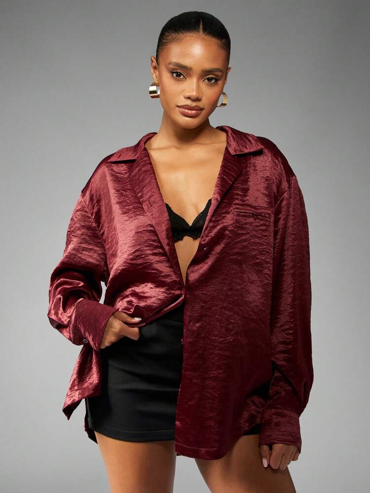 MISSGUIDED Camicetta di seta oversize con bottoni, elegante per serate, feste e uscite notturne, collo lungo, maniche lunghe, colore bordeaux, adatta per l'autunno e l'inverno