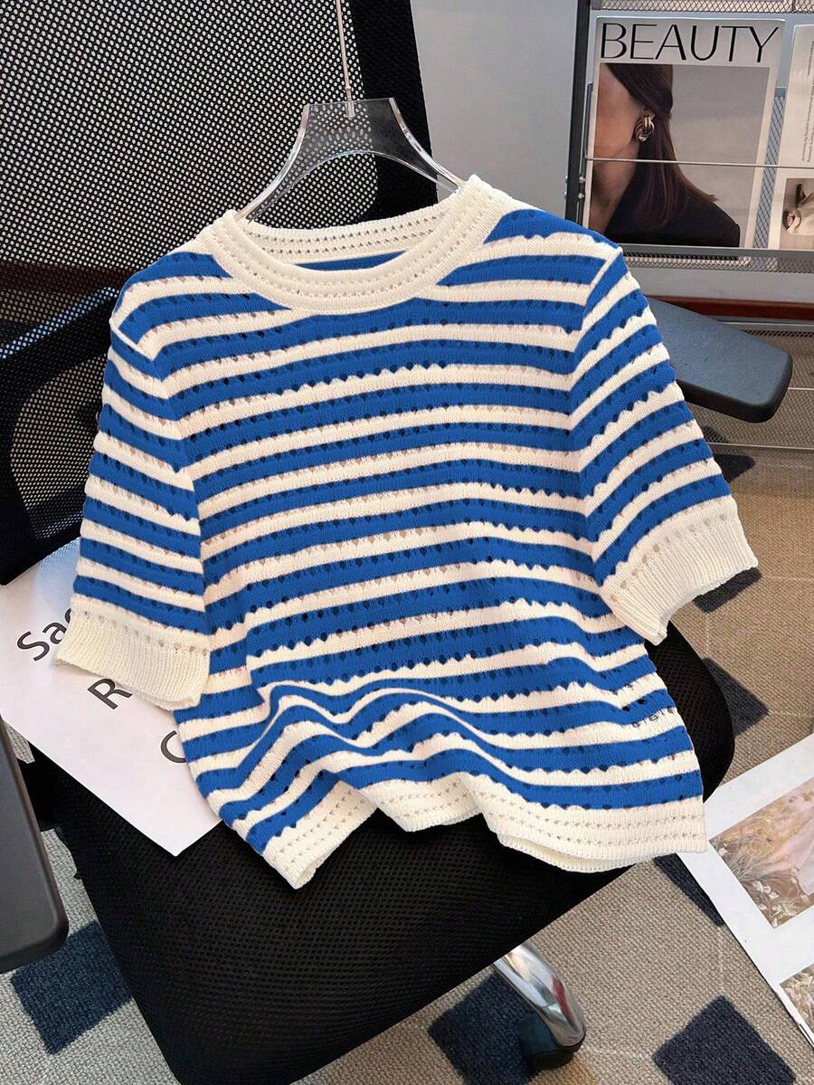 Franclia New Hollow Striped Short Sleeve Crew Neck Cropped Knit Top For Women (Random Hollow Design) - Multicolor - View 1