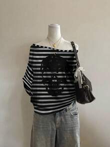 Attitoon 休闲简约朋克风街头骷髅条纹全印花露肩宽松短袖T恤女款，适合夏季音乐节 - 彩色 - 查看 8