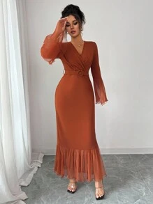Elenzga Vestido de mujer de cuello en V con mangas de campana, con pliegues en la cintura y parches de malla, de estilo largo adecuado para fiestas, compras, festivales de música, primavera/otoño - Marrón - Ver 6