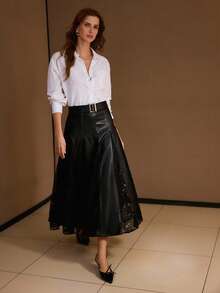 PREMIUM PU LEATHER LACE PANEL FOLD PLEATED SKIRT - Black - View 6