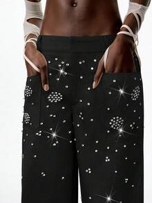 LYSMO Quần ống loe đính pha lê đen mới 2025. , Cảm hứng thời trang, Phong cách tiệc tùng thoải mái, Quyến rũ nhưng tối giản, Tiên phong, Grunge Rock, Phong cách đường phố - màu đen - Xem 6