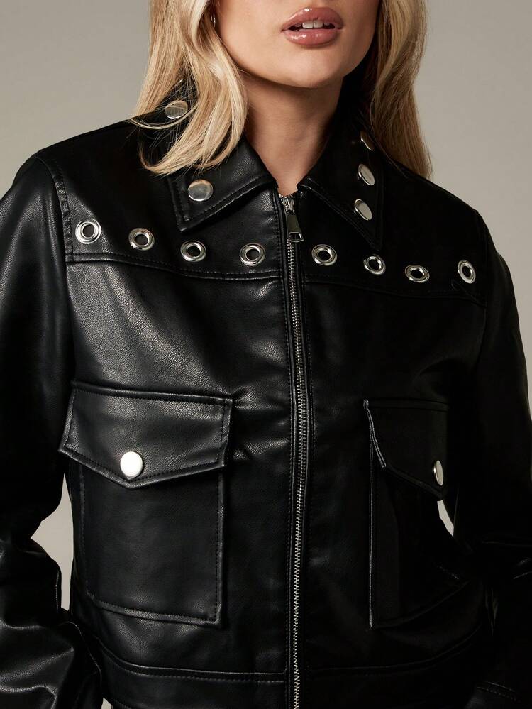 MISSGUIDED Veste moto femme  noir, longueur crop, style mode avec fermeture éclair, poches utilitaires, col à œillets, automne-hiver, style biker moderne et affirmé