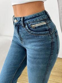 EURMUSE WOMEN SKINNY STRAIGHT HIGH WAIST JEANS ZIPPER DETAIL - Medium Wash - View 6