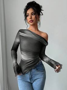 Firerie 女士时尚通勤扎染不对称长袖T恤 - 灰色 - 查看 3