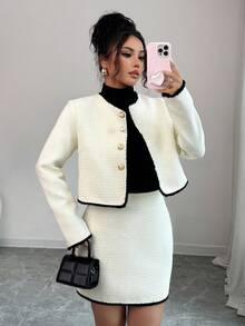 Elenzga 法式优雅精致日常外出时尚蕾丝装饰夹克和裙子两件套女士 - 杏色 - 查看 6