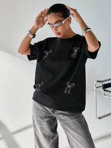 SHEIN Bộ 2 món gồm áo croptop và quần ống đứng. - màu đen - Xem 5