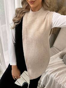 SHEIN Maternity Contrast Color Stand Collar Loose Casual Versatile Knitted Vest - Khaki - View 5