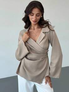 Aloruh Women's Elegant Khaki Long Sleeve Lapel Neck Blouse,Autumn Office Business Casual Shirt With Pleated Asymmetric Hem For And Commuting Tops - Khaki - View 6