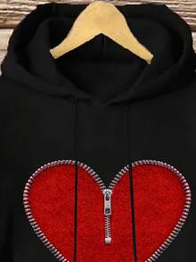 EMERY ROSE 休闲简约心形印花抽绳连帽衫，宽松厚款女式运动衫，秋冬女式连帽衫，黑色连帽衫，女式心形连帽衫，女式连帽衫，女式拉链连帽衫，秋季