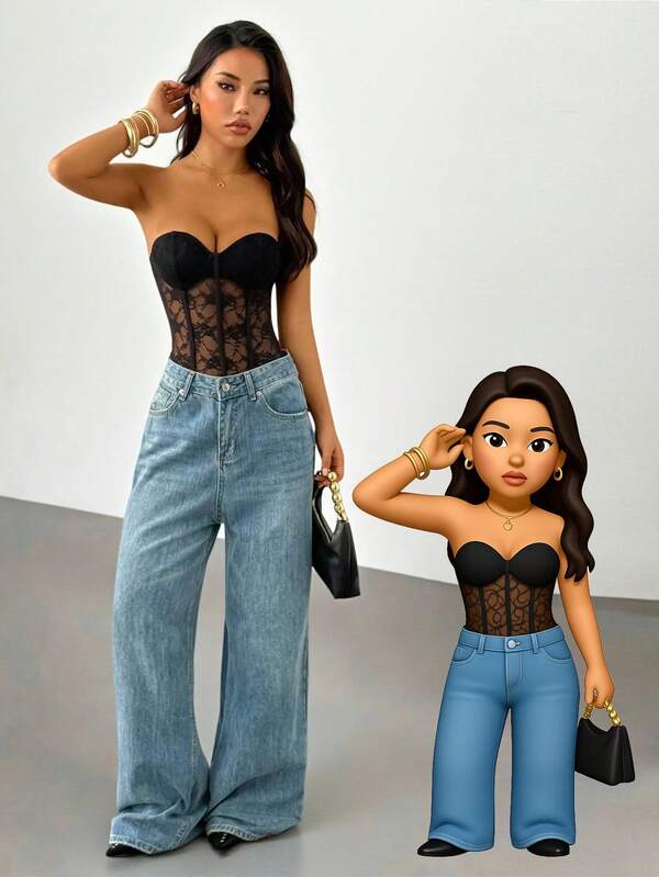 SHEIN PETITE Women's Black Lace Bodysuit: Strapless Sleeveless Knitted Sheer Floral Lingerie Top