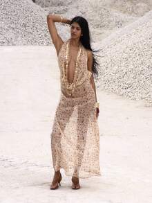 Musera Resort 极致深V领露背豹纹雪纺罩衫长裙，优雅迷人，适合夜晚外出、度假、生日等场合，尽显秋日春夏风情。 - 彩色 - 查看 5