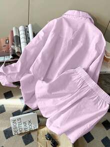 2件套女士休闲亚麻混纺宽松长袖上衣和短裤套装 - 紫色 - 查看 2