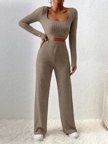 EURMUSE Cotton Square Neck Crop Tee & Wide Leg Pants - Mocha Brown - View 3