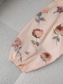 Blusa de manga larga con estampado floral, de corte holgado y cordón ajustable, para mujer de estilo casual - Multicolor - Ver 4