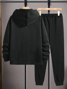 SHEIN Cottnline طقم هوديي وبنطلون رياضي من القطن الخالص 100% للرجال، طباعة إنجليزية بسيطة - الأسود - مشاهدة 2