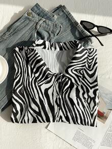 Comfortcana 大码休闲日常斑马纹前扣短袖衬衫 - 黑色 - 查看 3