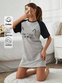 RueChic Women Contrast Colour Short Sleeve Detail With Cat Face Printed Sleepshirt - Grey - View 1