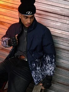 AXEPEAK Men's Ink Texture Zip Front Casual Short Winter Jacket - Blue and White - View 6