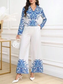 Ellevyn Women's Floral Print Shirt And Pants Two Pieces Set, Elegant And Graceful - Blue and White - View 10