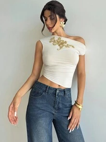Firerie Women's Casual Elegant Asymmetrical Shoulder Slim-Fit Top, Apricot Color, Gold Sequin Embellishment / Fall / School Teacher / Going Out Tops / Business Casual / Business Negotiations / Office Wear / Basic Tops / Date Night - Apricot - View 5