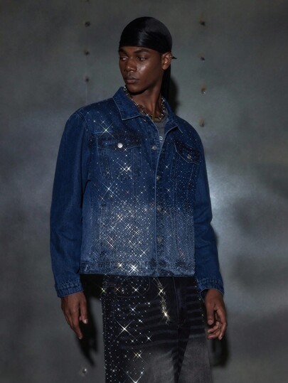 NEON BLANC Chaqueta vaquera de manga larga con decoración de rhinestones, estilo urbano para hombre, otoño e invierno