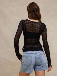 WESTFADE Western Cowgirl Lace Boatneck Ruched Split Side Semi Sheer Fitted Long Sleeve T-Shirt Spring Break - Black - View 5