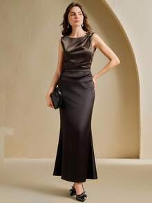 Anewsta Áo không tay xếp ly bằng vải satin, thiết kế sang trọng và thanh lịch kiểu Pháp. - màu nâu - Xem 4