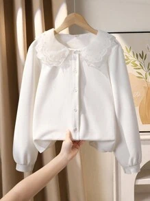 Teen Girl White Textured Fabric Blouse With Lace Collar, Elegant Casual Versatile Shirt For Back To School, Autumn/Winter