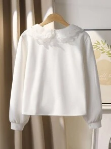 Teen Girl White Textured Fabric Blouse With Lace Collar, Elegant Casual Versatile Shirt For Back To School, Autumn/Winter