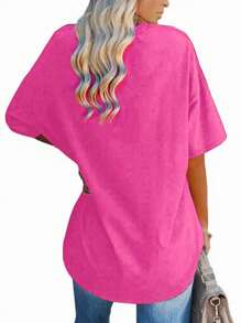 EMERY ROSE Popular Spring And Summer Women'S V-Neck Short-Sleeve Loose Heart T-Shirt Top From Europe And America. - Hot Pink - View 2