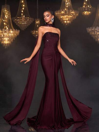 Glamrae Petite Women's Fashion Party Strapless Formal Evening Gown (Heavily Embellished)