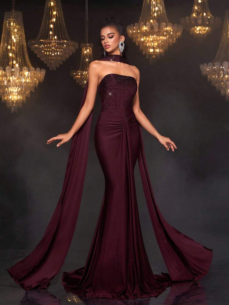 Glamrae Elegant, Luxurious, Rhinestone Embellished Sexy Bandeau Elastic Knit Mermaid Dress, Suitable For Weddings, Singles Parties, Vacations, Galas, Formal Events (Heavy Embellishment) - Burgundy - View 2