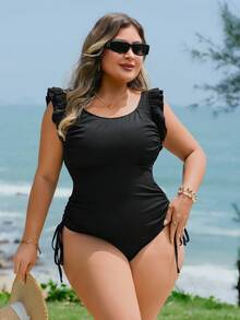 Swim Lushoire 加大码纯色纹理面料方领褶皱胸部抽绳腰部肩带双褶皱侧隧道抽绳优雅休闲日常海滩度假连体泳衣女士 - 黑色 - 查看 6