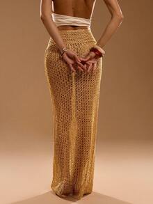 SHEIN BAE 女士镂空设计性感加长针织裙 - 黃色 - 查看 2