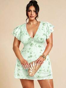 SHEIN BAE Đầm ôm sát cổ chữ V tay bèo họa tiết hoa thanh lịch cỡ lớn dành cho nữ, phù hợp mặc hàng ngày, đi chơi, hẹn hò, trà chiều, kỳ nghỉ, xuân/hè, trở lại trường - Màu xanh Bạc hà - Xem 1