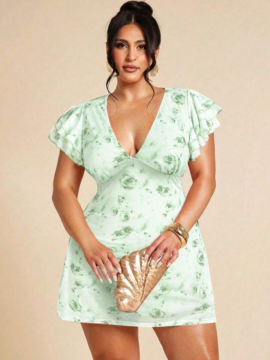 SHEIN BAE Đầm ôm sát cổ chữ V tay bèo họa tiết hoa thanh lịch cỡ lớn dành cho nữ, phù hợp mặc hàng ngày, đi chơi, hẹn hò, trà chiều, kỳ nghỉ, xuân/hè, trở lại trường - Màu xanh Bạc hà - Xem 1