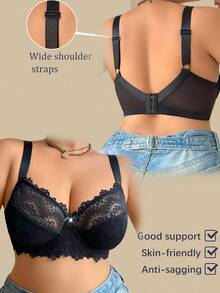 SHEIN 1pc Plus Size Lace Patchwork Underwire Lingerie Bra, Lift - Black - View 3