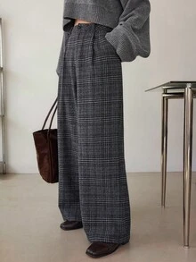 Dazy-Less 女士宽松格子直筒休闲裤，适合商务、办公室、通勤、秋冬季女士正装裤 - 深灰色 - 查看 5