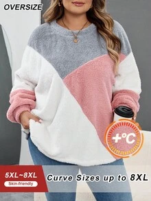 SHEIN CURVE+ Plus Size Color Block Drop Shoulder Fuzzy Sweatshirt Asymmetrical Top In Fall/Winter - Multicolor - View 1