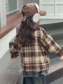 DAZY 少女格纹休闲长袖百搭夹克 秋冬 - 駝色 - 查看 2