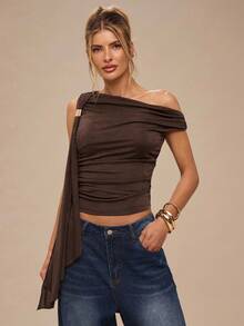 SHEIN BAE 纯色不对称肩部金属扣系带修身女式上衣，适合日常穿着、约会、郊游、聚会、派对，优雅的女士分层单品，适合鸡尾酒会、浪漫约会、秋冬针织汗衫 - 棕色 - 查看 6