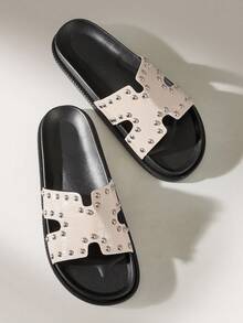 Solecia Women's Fashion Black Simple Metal Studded Double Layer Thick Sole Comfortable Slip-On Mules, Suitable For Commuting, Dates, Parties And Other Occasions