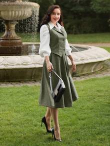 Vintamour Vintage College Style Women's 2pcs Grey Vest & Skirt Suit With Lapel Collar Fall Women Clothes Two Pieces Outfits Vest Set Back To School Business Casual Women Outfits Vest Set Office Wear Preppy Women's Clothing Winter Women Clothes Office Wear Women Set Thanksgiving Women Outfit Fall Clothes Women Skirt Set Women Suit Set Valentine Day Red Dresses Classy Elegant Autumn Clothes Chic Women's Set